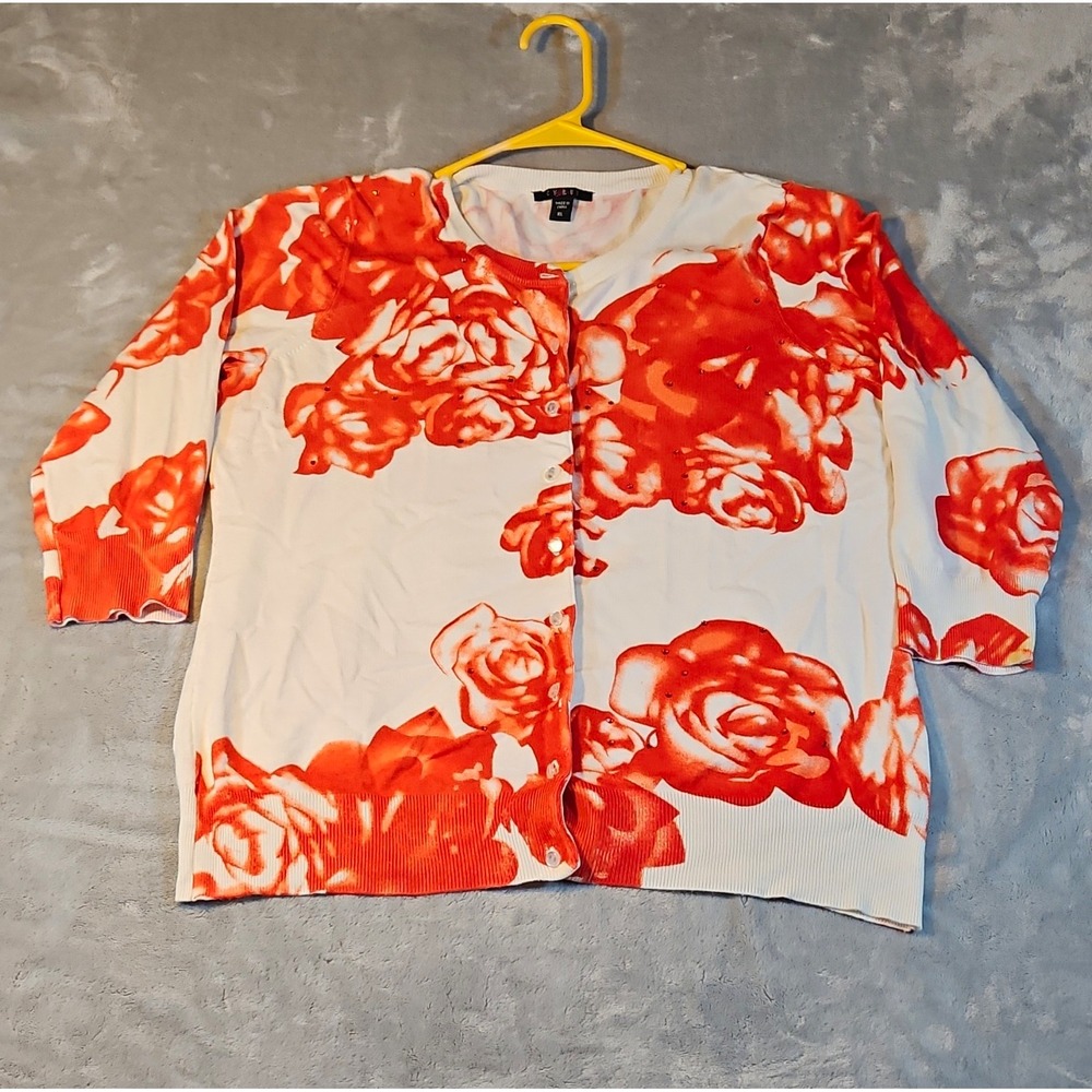 Cyrus White Orange Floral Knit Button Beaded Cardigan Sweater 3/4 Sleeve XL